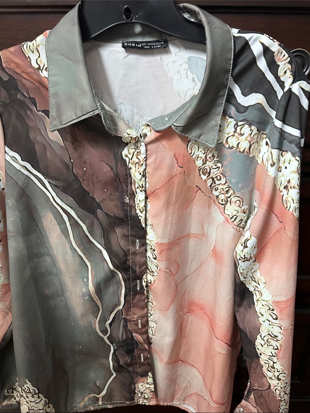 SHEIN Women's Marble-Print Button-Down Shirt in Pink and Gray